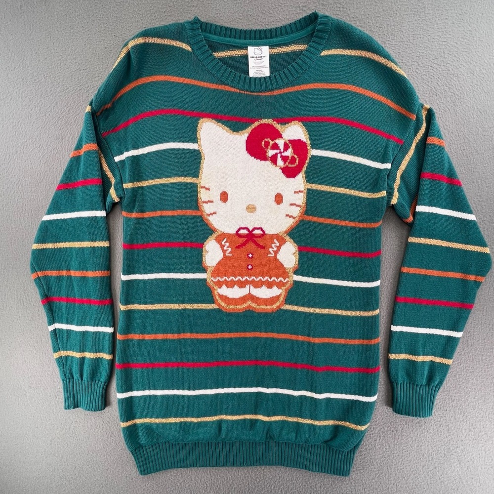 Sanrio Hello Kitty Women Sweater Cotton Striped XL Gingerbread Holiday Teal